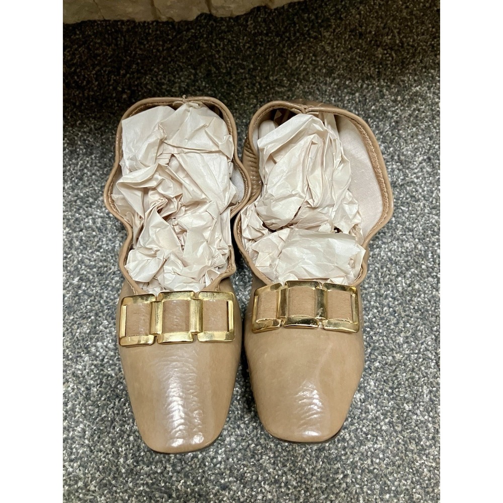 Vintage 60s Bertlyn New York Foldable Flats Medium 7 7.5 Taupe Nude Gold Buckle‎